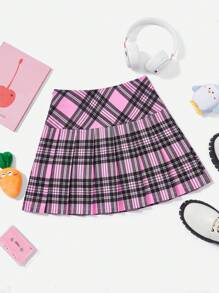 SHEIN EZwear 格紋印花百褶半身裙 - 粉色 - 查看 1