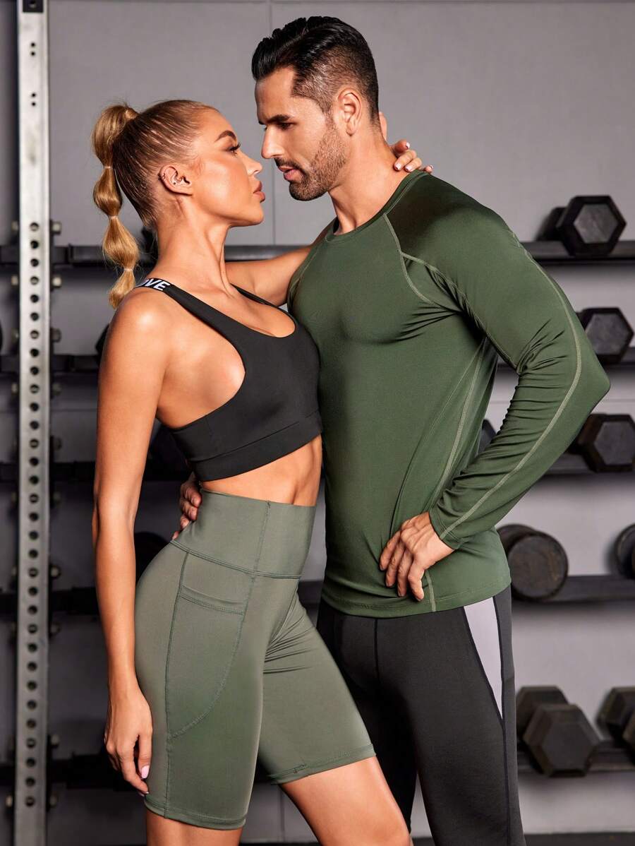 1pc Contrast Top-stitching Sports Tee - Army Green - View 1