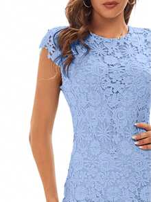 Guipure Lace Overlay Bodycon Dress - Blue - View 3