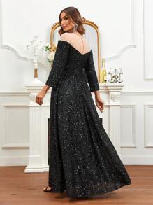 SHEIN Belle Off Shoulder Sequin Formal Dress - Black - View 4