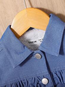 SHEIN Baby Girl Teddy Lined Frill Trim Button Front Denim Effect Jacket - Blue - View 4