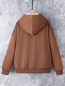 SHEIN 少女星形印花拉链落肩卫衣（不含T恤） - 咖啡棕 - 查看 2