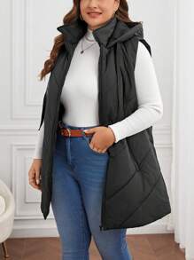 SHEIN LUNE 拉链连帽背心加厚外套 - 黑色 - 查看 3