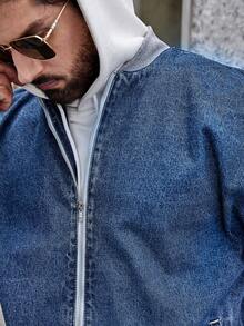 Manfinity Homme Loose Fit Men's Drop Shoulder Denim Jacket With Zipper Closure, Without Hood - Dusty Blue - View 4