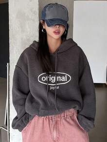 DAZY Sudadera con capucha teddy con cordón y hombros caídos con bordado de letras - Gris - Ver 5