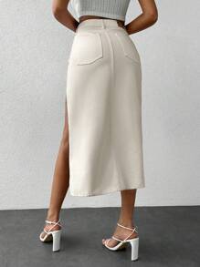 EURMUSE Tách đùi Váy Denim - Màu be - Xem 2