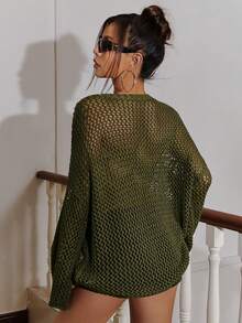 SHEIN ICON 嬉皮落肩開領針織毛衣 - 軍綠色 - 查看 2