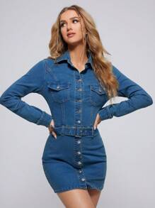 SHEIN EZwear Túi có nắp Nút phía trước Đầm Denim - Rửa trung bình - Xem 1