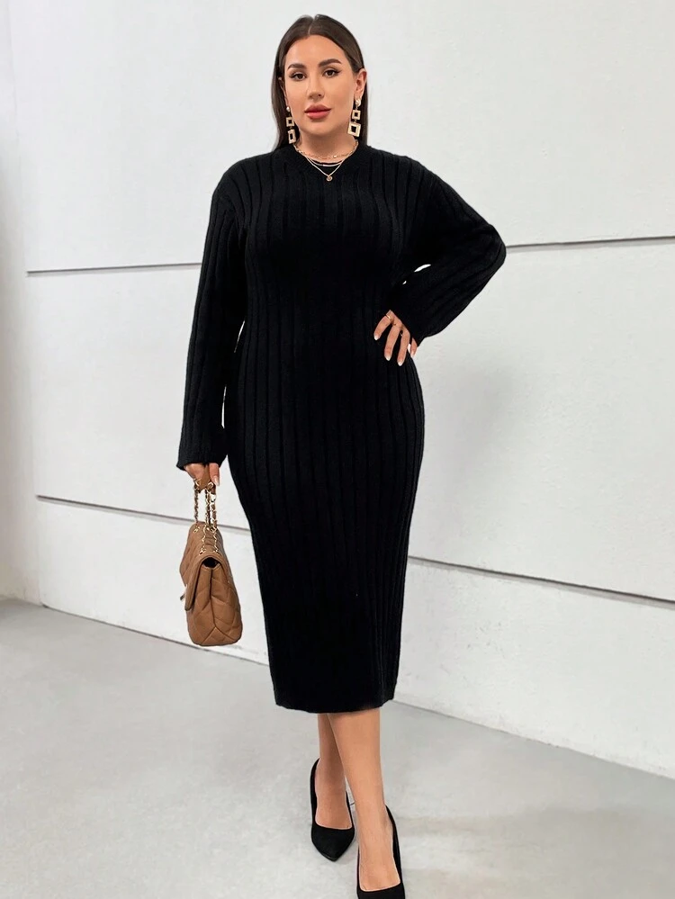 Plus Ribbed Knit Drop Shoulder Split Back Sweater Dress Without Belt