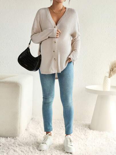 SHEIN Maternity Drop Shoulder Ribbed Knit Tee With Long Sleeve