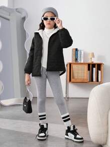 SHEIN Cô gái Tween Dây kéo Thả vai Lót Teddy Áo trùm đầu - Đen và trắng - Xem 5