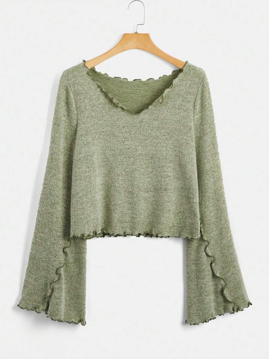 SHEIN EZwear Plus Lettuce Trim Trumpet Sleeve Tee - Mint Green - View 1