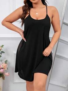 Plus Contrast Mesh Cami Nightdress - Black - View 3