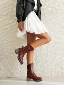 女式粗跟机车靴，PU 皮革，防水厚底，圆头，保暖内衬，秋冬新品，时尚女式短靴，加大码 - 棕色 - 查看 2