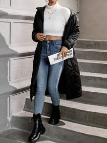 SHEIN Essnce Abrigo acolchado con capucha largo - Negro - Ver 6