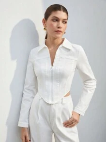 BizChic 拉鍊不對稱下擺短款夾克 - 米色 - 查看 1