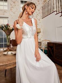 Simplee Floral Jacquard Mesh Overlay Wedding Dress - White - View 5
