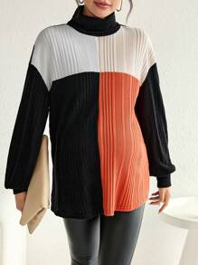 SHEIN 孕婦拼色高領落肩T恤 - 黑色 - 查看 1