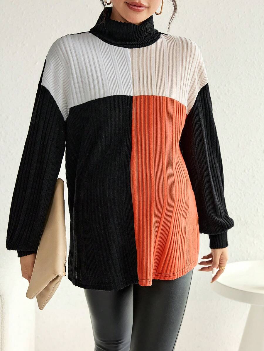 SHEIN 孕婦拼色高領落肩T恤 - 黑色 - 查看 1