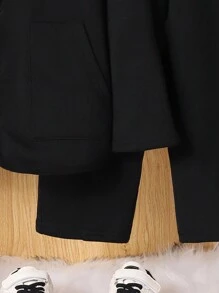 SHEIN 男小童字母貼布加絨內裏連帽夾克和褲子不帶T恤 - 黑色 - 查看 6