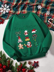 SHEIN Qutie Christmas Print Drop Shoulder Sweatshirt - Dark Green - View 1