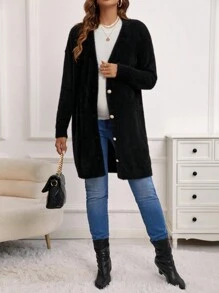 SHEIN 孕婦落肩袖前紐扣開襟衫 - 黑色 - 查看 4