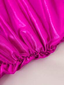 SHEIN Young Girl Asymmetrical Neck Puff Sleeve Ruched Side Ruched Dress - Hot Pink - View 5