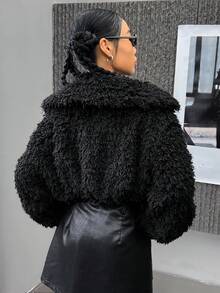 SHEIN EZwear 拉鏈開襟短款毛茸茸夾克 - 黑色 - 查看 2