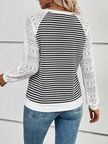 EMERY ROSE Striped Print Contrast Lace Raglan Sleeve Sweatshirt Graduation,Back To School Outfits,Graduation,Teacher Outfits For Women,Back To School Pullover Fall Outfit - Black and White - View 2