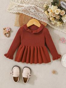 SHEIN 女嬰荷葉邊下擺荷葉邊毛衣 - 棕色 - 查看 1