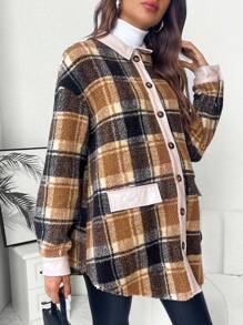 SHEIN Maternity Plaid Print Drop Shoulder Contrast Trim Coat - Brown - View 3