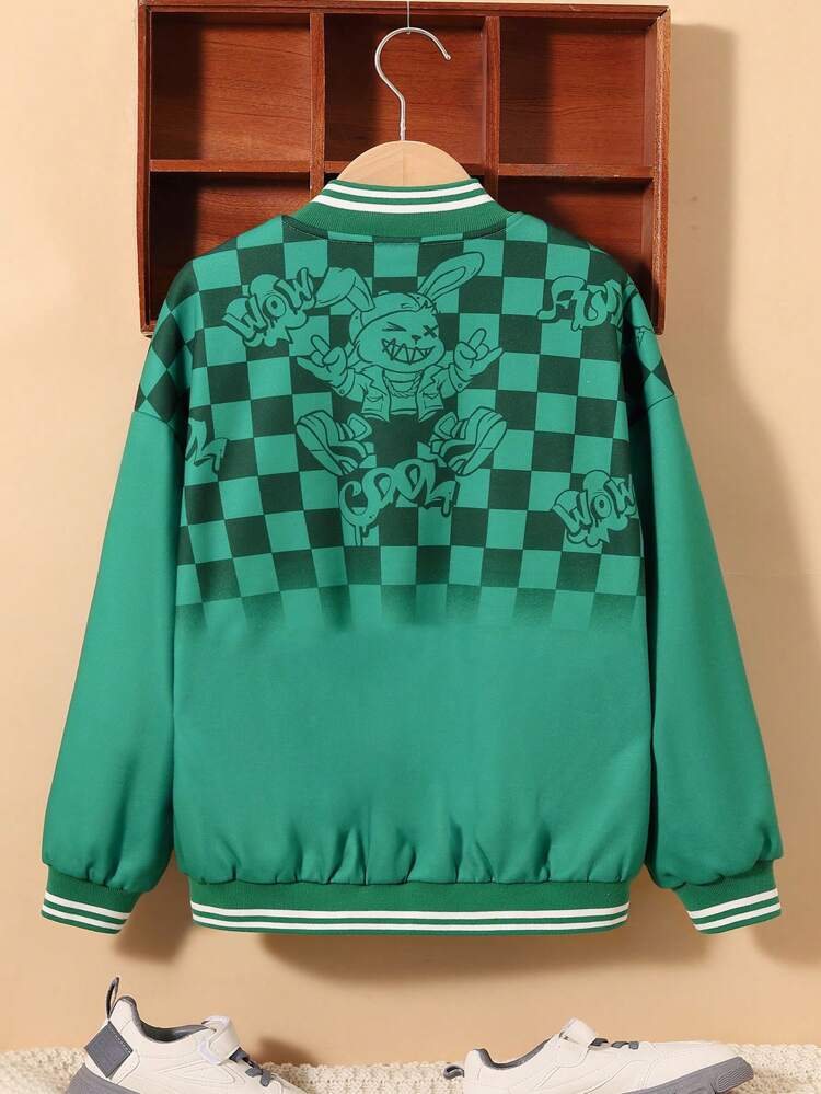 Tween Boy Checker & Cartoon Graphic Striped Trim Drop Shoulder Thermal Lined Varsity Jacket