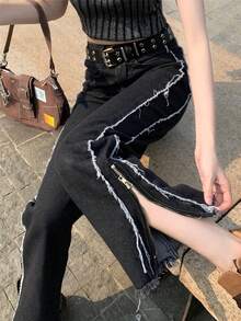 女性直筒通勤休閒歐美街頭風復古洗水長褲 - 黑色 - 查看 6