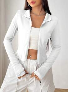 SHEIN EZwear 拉鏈開襟條紋針織短夾克 - 白色 - 查看 3
