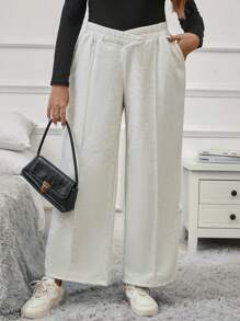 SHEIN LUNE Plus Solid Slant Pocket Sweatpants - Apricot - View 5