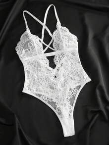 SHEIN Đồ lót liền thân bằng ren hoa Criss Cross Teddy - trắng - Xem 5