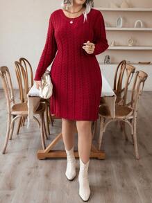 SHEIN LUNE Plus Solid Cable Knit Sweater Dress - Burgundy - View 1