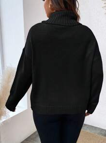 Calvaya Plus Turtleneck Cable Knit Drop Shoulder Sweater Knit Pullover Fall Winter Outfit Autumn - Black - View 2