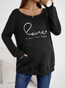 SHEIN Maternity Letter Graphic Kangaroo Pocket Drop Shoulder Sweatshirt, For Winter - Black - View 4