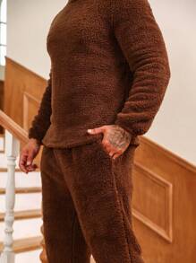 Men Solid Teddy PJ Set - Brown - View 3