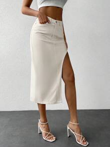 EURMUSE Tách đùi Váy Denim - Màu be - Xem 3