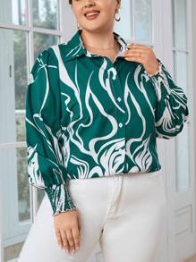 SHEIN Privé Plus Graphic Print Lantern Sleeve Shirt - Green - View 1