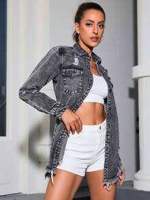Áo khoác & áo khoác denim nữ Túi Bị tách Nút phía trước màu trơn Giải trí - Màu xám đen - Xem 4
