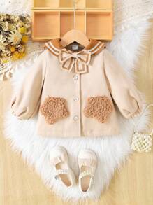Baby Girls Contrast Teddy Pocket Patched Bow Front Peter Pan Collar Lantern Sleeve Overcoat - Apricot - View 1
