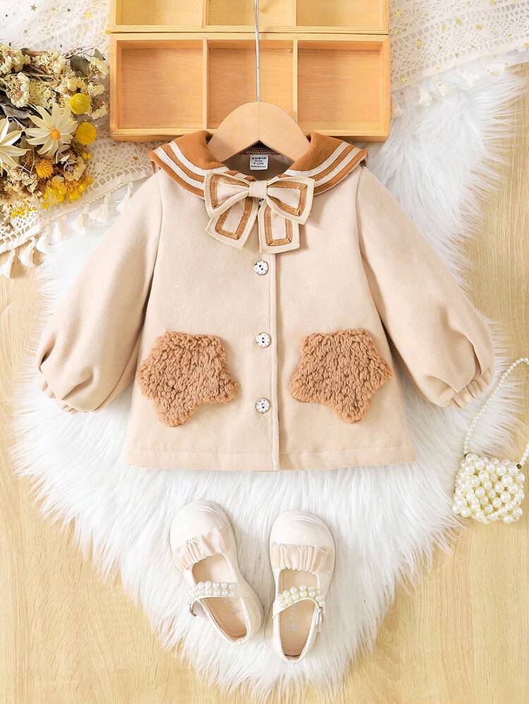 Baby Girls Contrast Teddy Pocket Patched Bow Front Peter Pan Collar Lantern Sleeve Overcoat