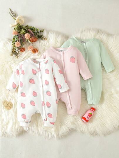 SHEIN 舒適可愛的3入組粉色草莓連身衣適用於女嬰