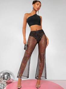 SHEIN BAE Sheer Mesh Flare Leg Pants Without Panty - White - View 1