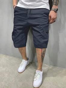 Manfinity Homme Loose Fit Men's Cargo Shorts With Flap Pockets And Drawstring Waist - Navy Blue - View 3