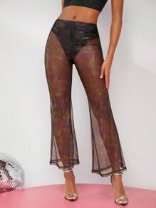 SHEIN BAE Sheer Mesh Flare Leg Pants Without Panty - White - View 4