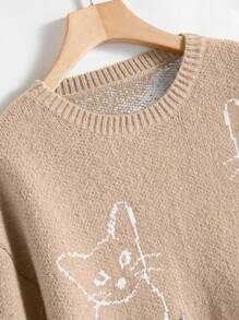 SHEIN Qutie Suéter con estampado de gato y hombros caídos - Caqui - Ver 4